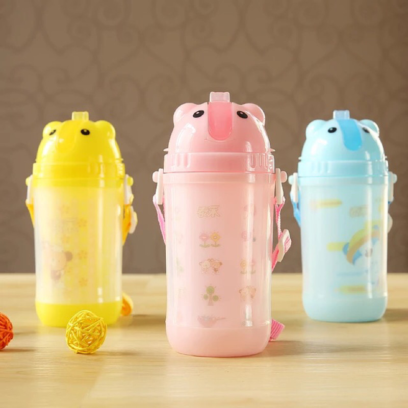 泰禾卡通图案双层隔热防烫塑料粉色可爱吸管杯有背带儿童水壶包邮