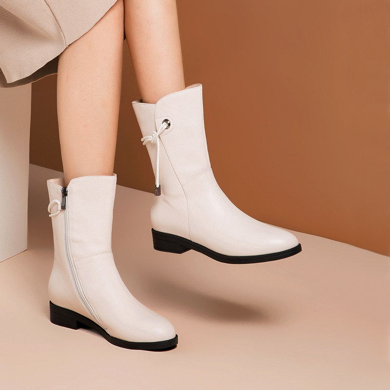 全牛皮短靴女平底靴2020新款马丁靴女英伦风秋冬季内增高白色靴子
