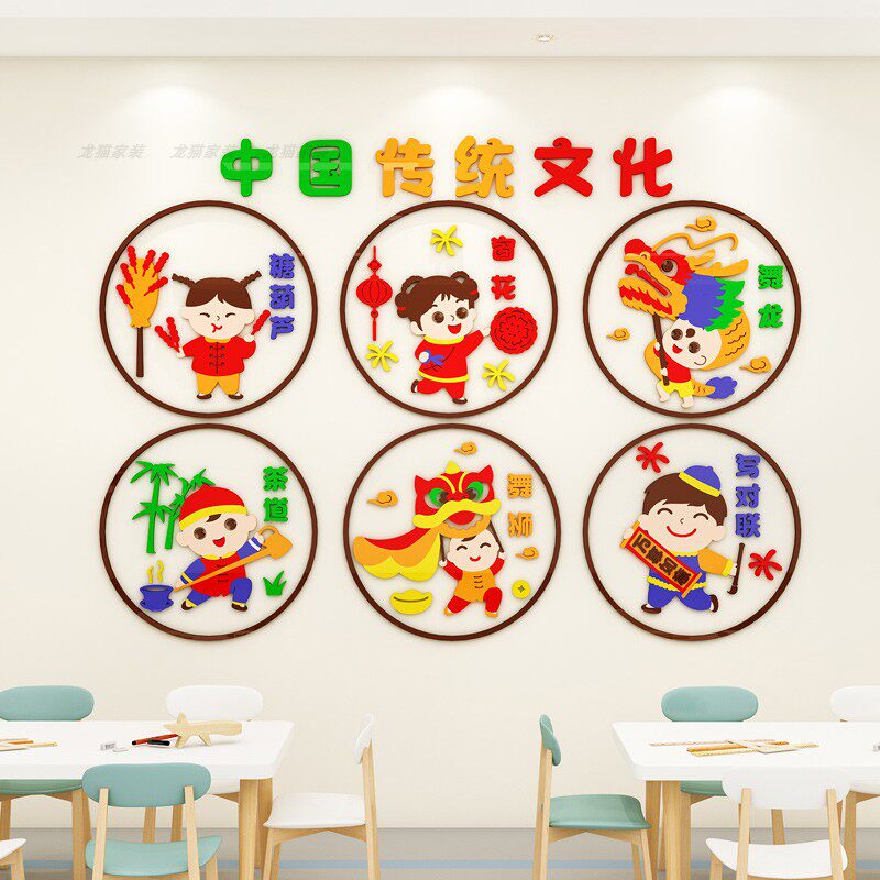 幼儿园传统文化墙面装饰教室走廊楼梯布置新年元旦环创主题墙贴3d