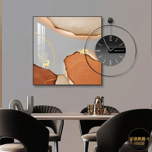 福鹿奔腾 餐厅装饰画现代简约抽象艺术餐桌墙面挂画高档时钟壁画