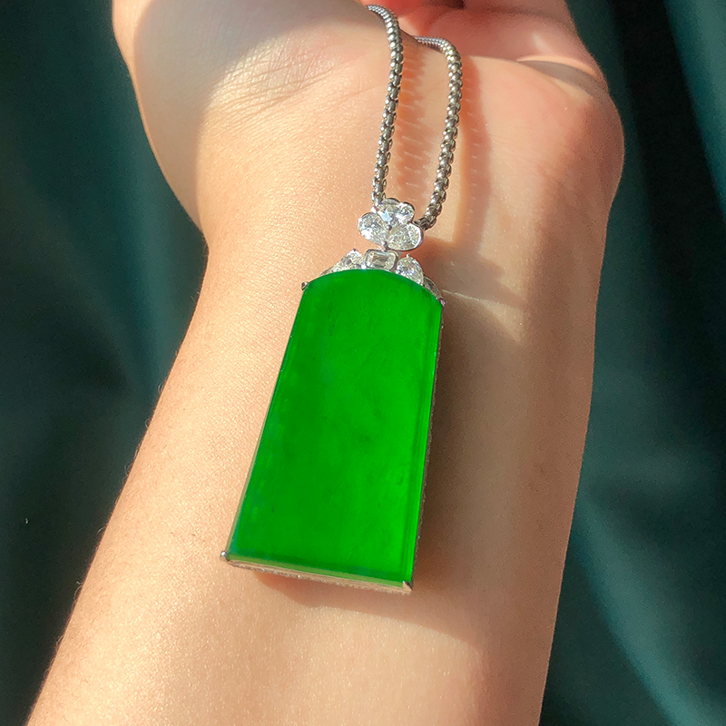 萃玥珠宝翡翠高货满绿帝王绿高冰无事牌挂件 18k金镶嵌平安牌挂件