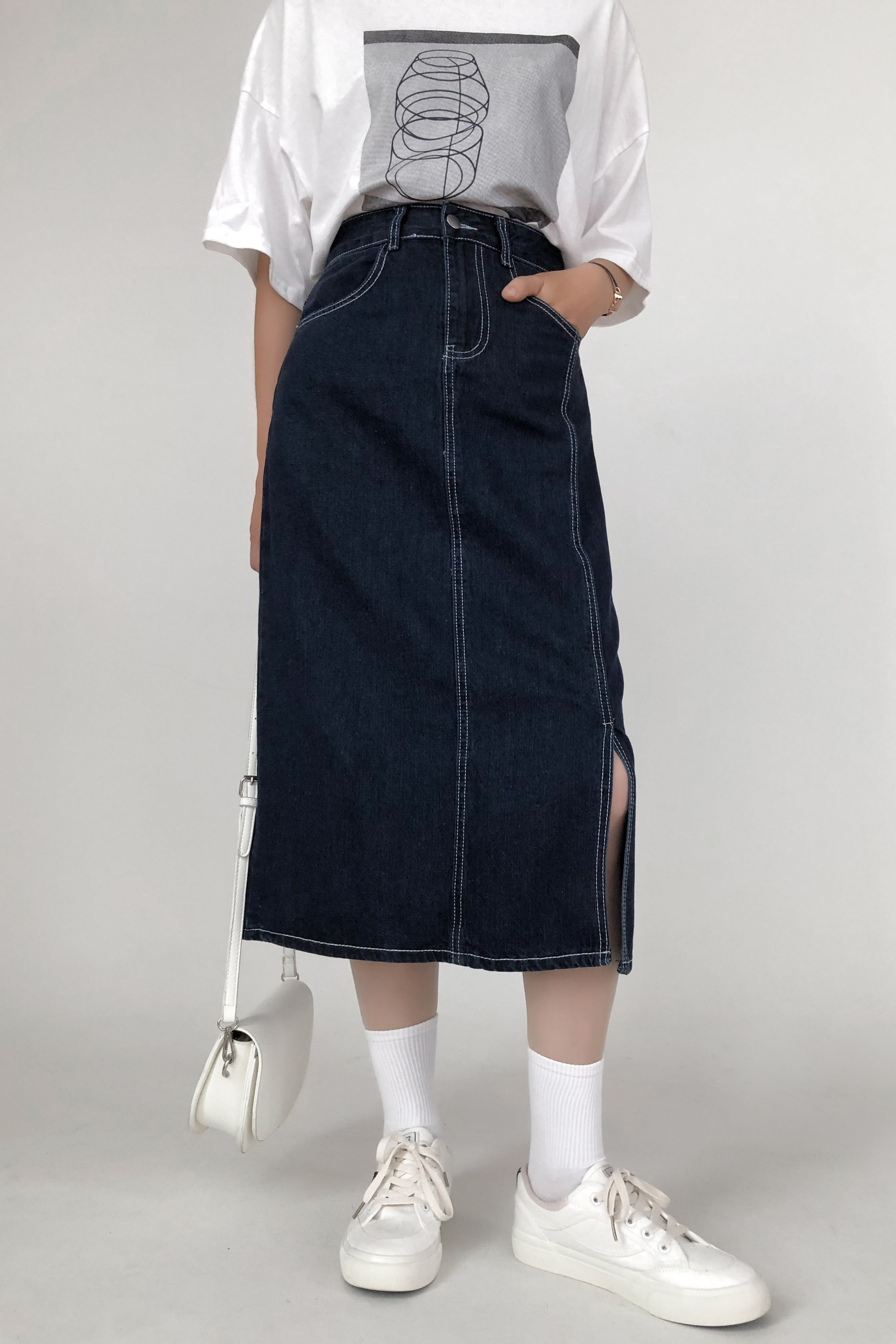 现货微胖大码高腰牛仔半身裙女中长款开叉胖mm包臀a字裙子长裙图片