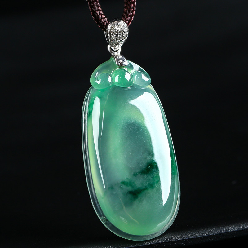 缅甸天然a货翡翠18k金扣头冰种满绿飘花福贝吊坠9.56g含绳重