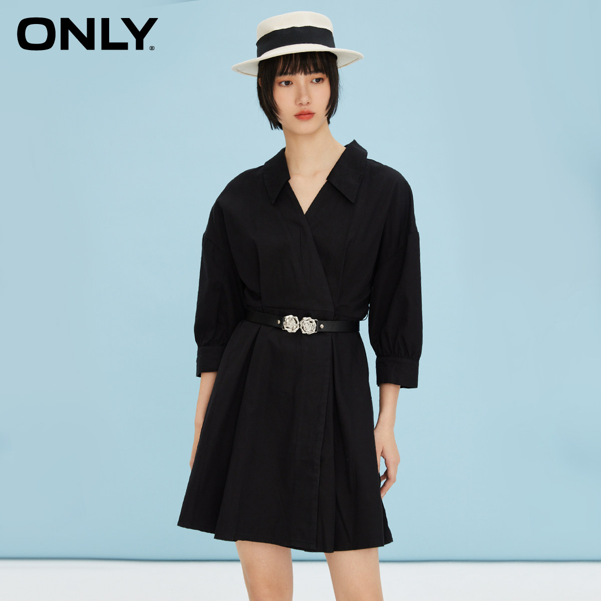 only2023春季新款时尚v领短款牛仔衬衫连衣裙女装裙子122142009