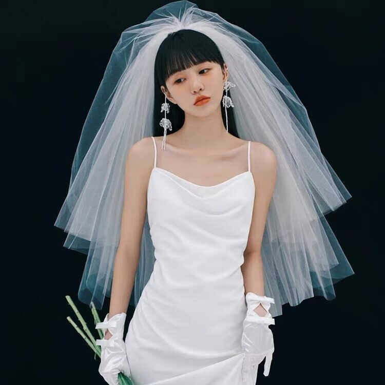 蓬蓬长款新版型硬纱凹造型拖尾头纱韩式婚纱摄影道具旅拍头纱