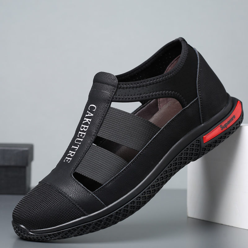 男士凉鞋夏季真皮休闲镂空男凉鞋透气洞洞包头青春隐形内增高鞋男