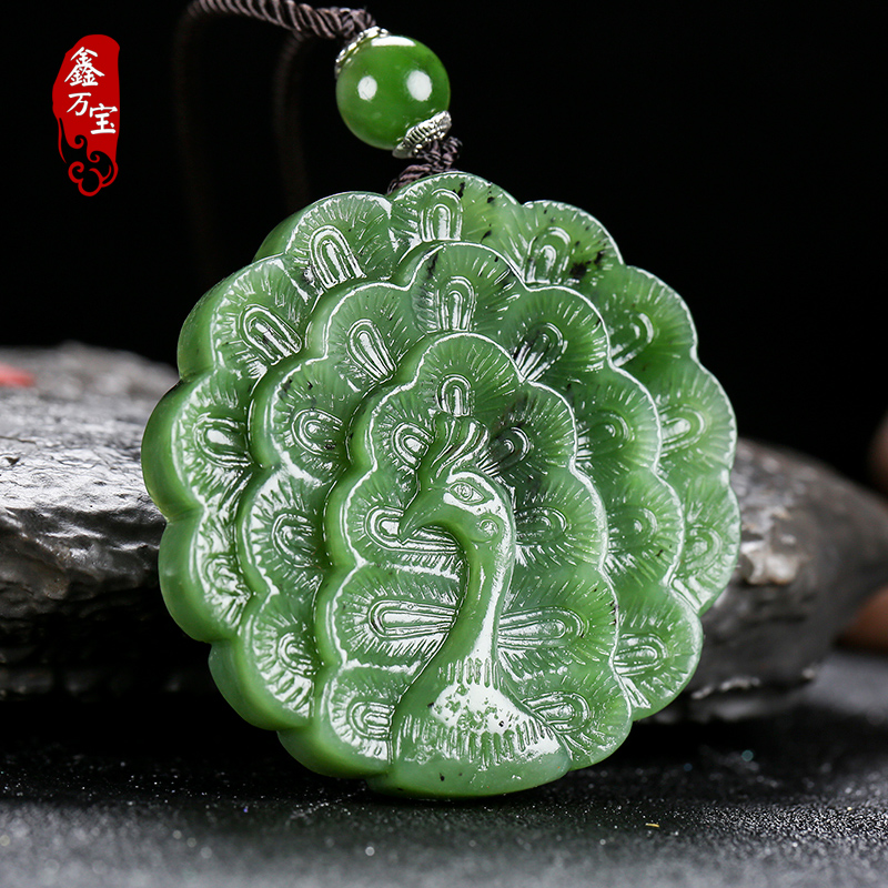 和田玉碧玉孔雀吊坠双面雕刻孔雀开屏玉牌吊坠玉石成品毛衣链