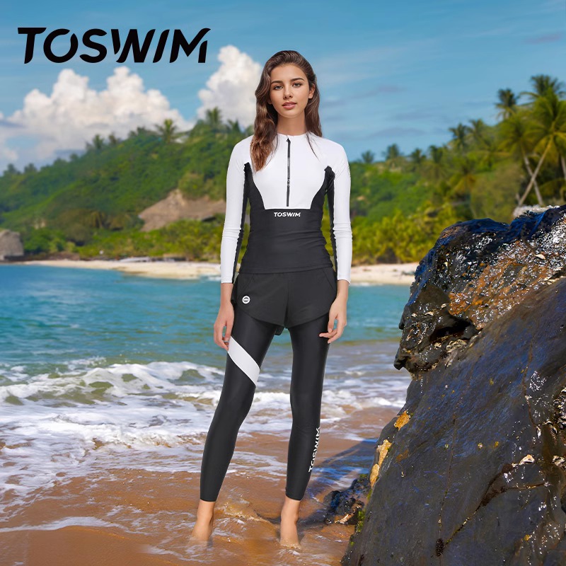 TOSWIM分体冲浪服泳衣女潜水服遮肚显瘦长袖长裤防晒保守度假泳装