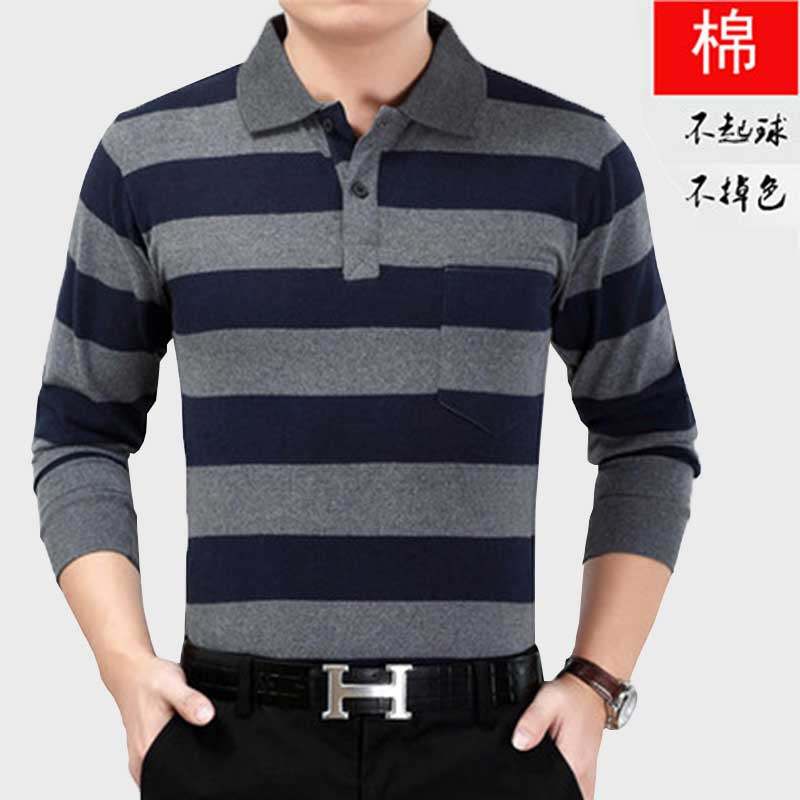 2020新款真口袋长袖体恤中年条纹男t恤翻领polo衫爸爸装大码衣服