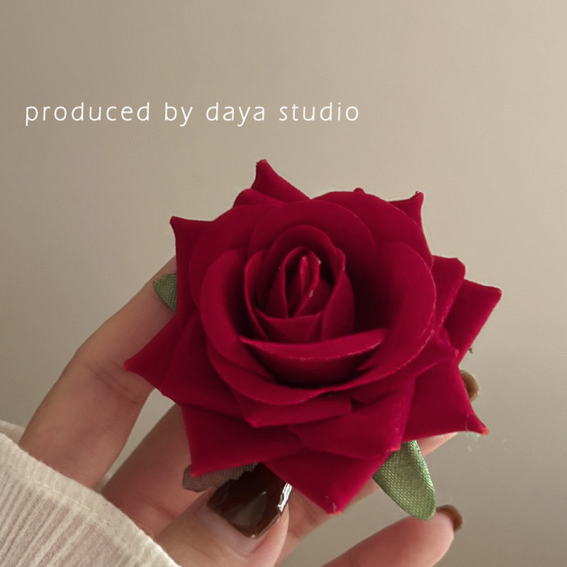 氛围感法式复古红玫瑰仿真花朵发夹仙气质小众设计刘海边夹子新