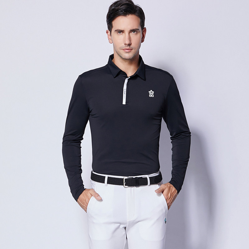 高尔夫长袖t恤男秋冬款翻领时尚polo衫golf男装户外运动衣服黑色