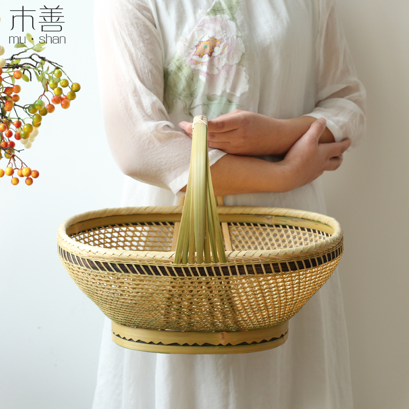 竹编提篮菜篮精编收纳篮子手工竹篮镂空带网眼纯手工编织篮