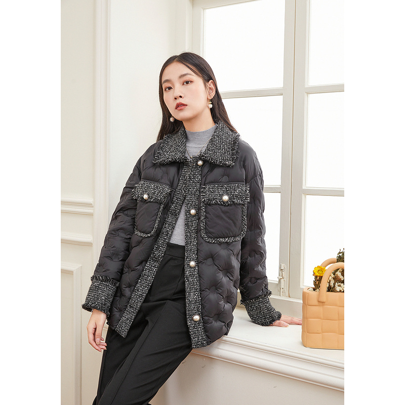 秋水伊人短款羽绒服2021年冬季新款女装花呢拼接羽绒服外套女