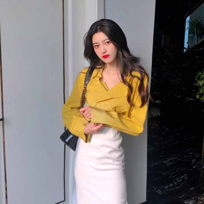 超美色系搭配时尚套装2019夏新款不规则衬衣 半身包臀长裙两件套