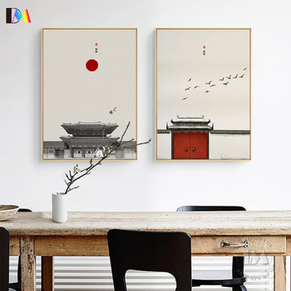 新中式宫墙装饰画禅意留白红瓦白墙装饰画故宫城门民宿会所挂画