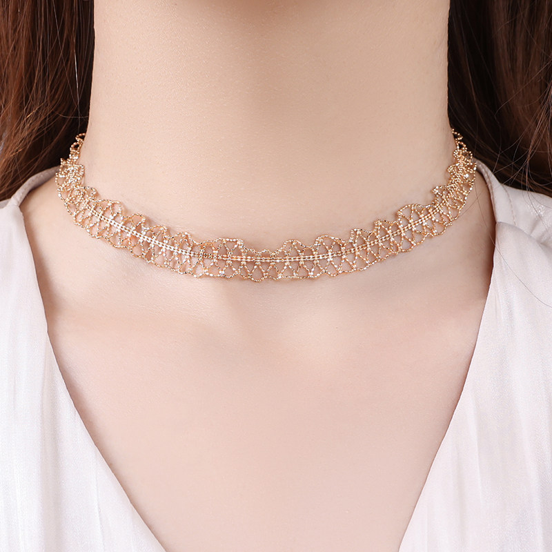 蕾丝项链女18k金黄金玫瑰金锁骨链素链au750复古镂空超仙颈链调节