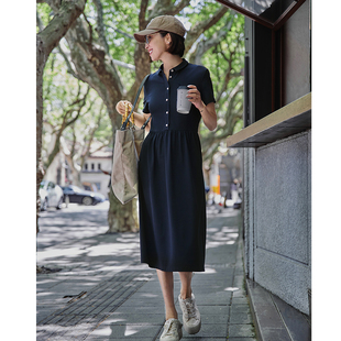 ise2024夏季新款蓝黑色针织polo领舒适收腰休闲连衣裙K2420721