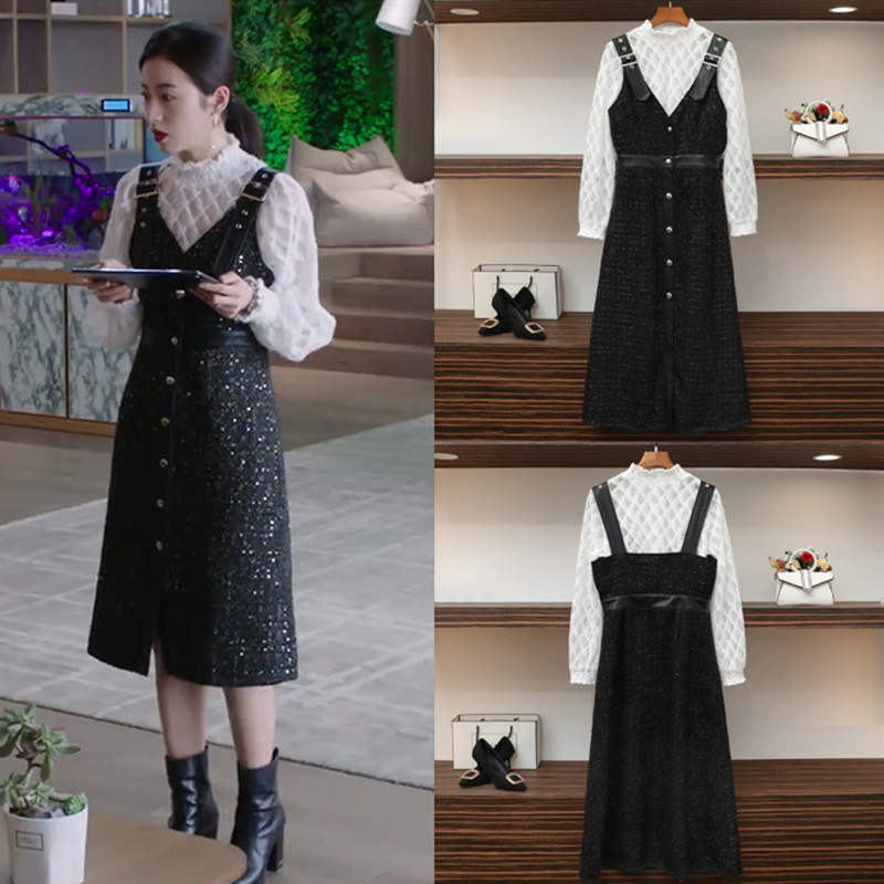 从结婚开始恋爱鹿方宁周雨彤同款衣服女秋季格子上衣背带连衣裙冬