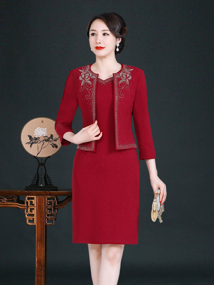 高端婚礼妈妈礼服春秋季年轻款套装喜婆婆婚宴装时尚两件套连衣裙