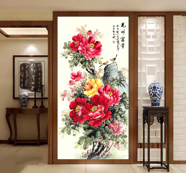 新款印花正品dmc十字绣客厅玄关走廊过道竖版水墨画花开富贵牡丹