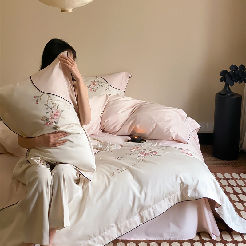 新中式美学典雅100支澳棉四件套 高级感花枝刺绣纯棉被套床上用品