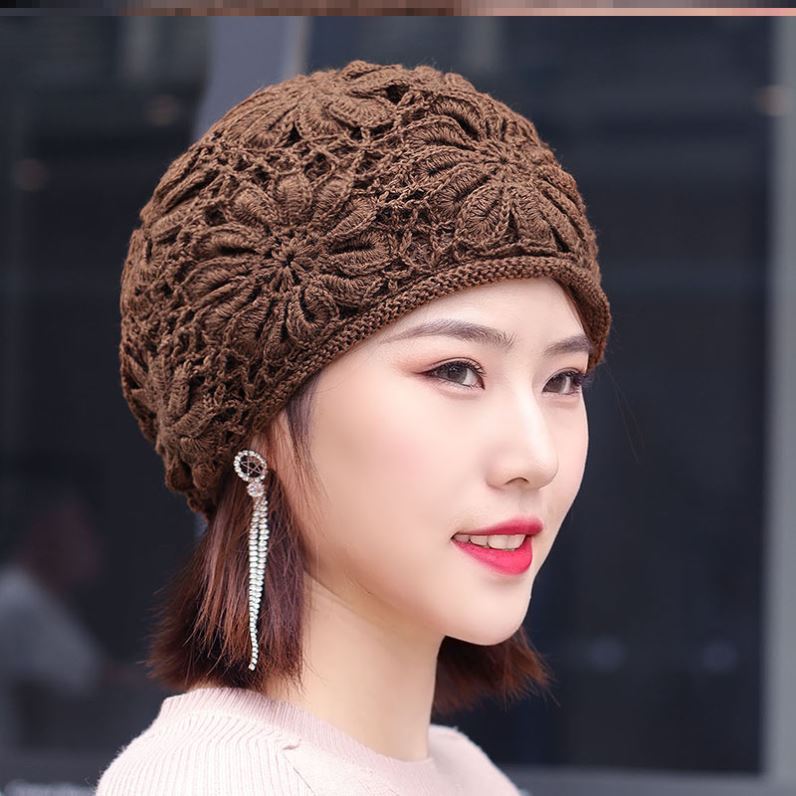 钩花帽子女镂空网帽女编织钩针勾花短款包头薄款毛线帽勾线堆堆帽