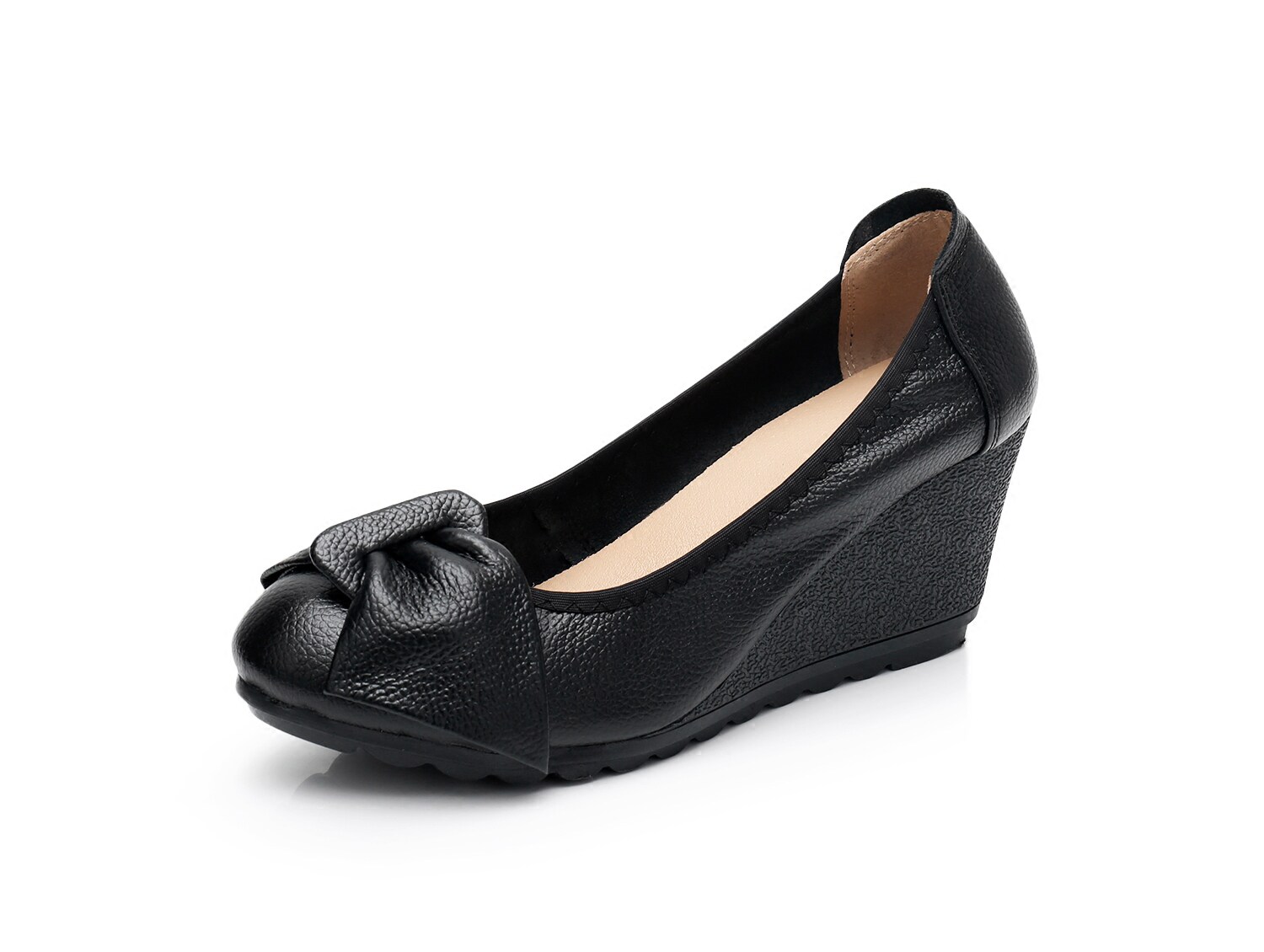 春秋款真皮坡跟单鞋女甜美蝴蝶结妈妈鞋高跟皮鞋牛筋底软底工作鞋