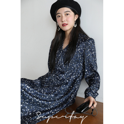 SUPERFAY 甜美少女感V领碎花长袖连衣裙法式淑女A字裙
