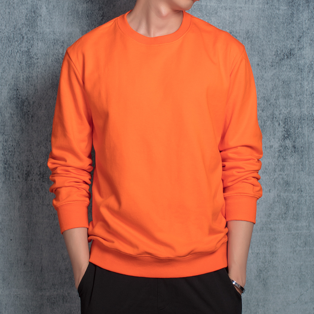 橙色卫衣男春秋款韩版圆领套头宽松长袖纯色原宿风bf帅气情侣上衣