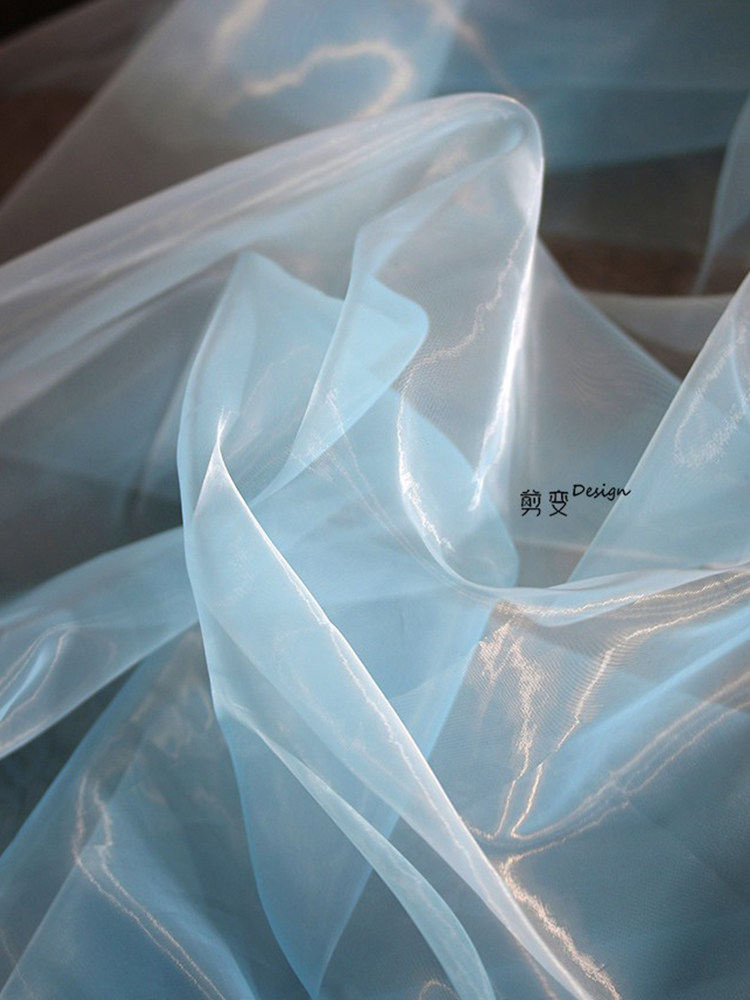 水光欧根纱透明薄软网纱婚纱设计师面料汉服礼服装高档连衣裙布料