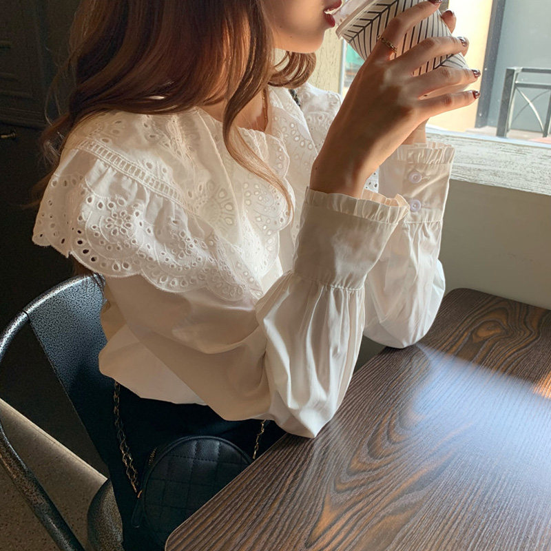 衬衣蕾丝镂空荷叶边白色衬衫女设计感小众秋装长袖娃娃领洋气上衣