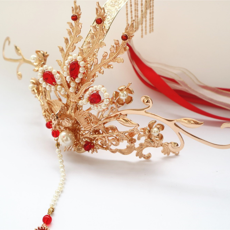 原创古风头冠汉服凤凰发冠女保色铜红色中式新娘流苏凤冠复古发饰