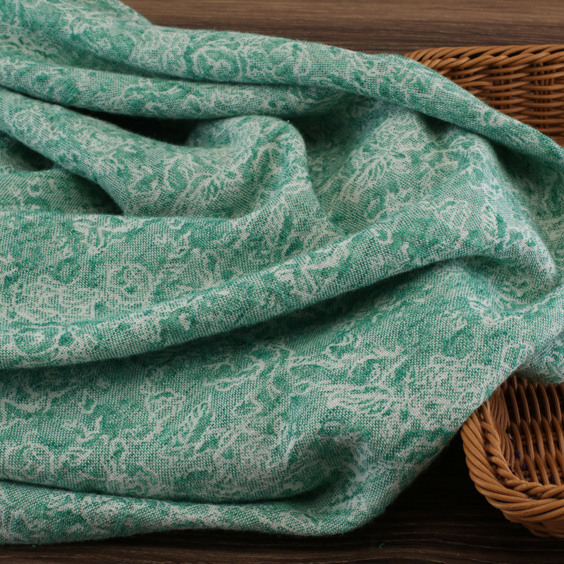双层麻棉大提花面料绿色原创秋冬连衣裙 袍子 服装面料(晴岚)