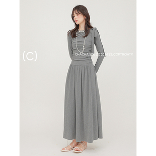 CHACHASTU 法式复古春季灰色长袖针织连衣裙女设计感小个子长裙