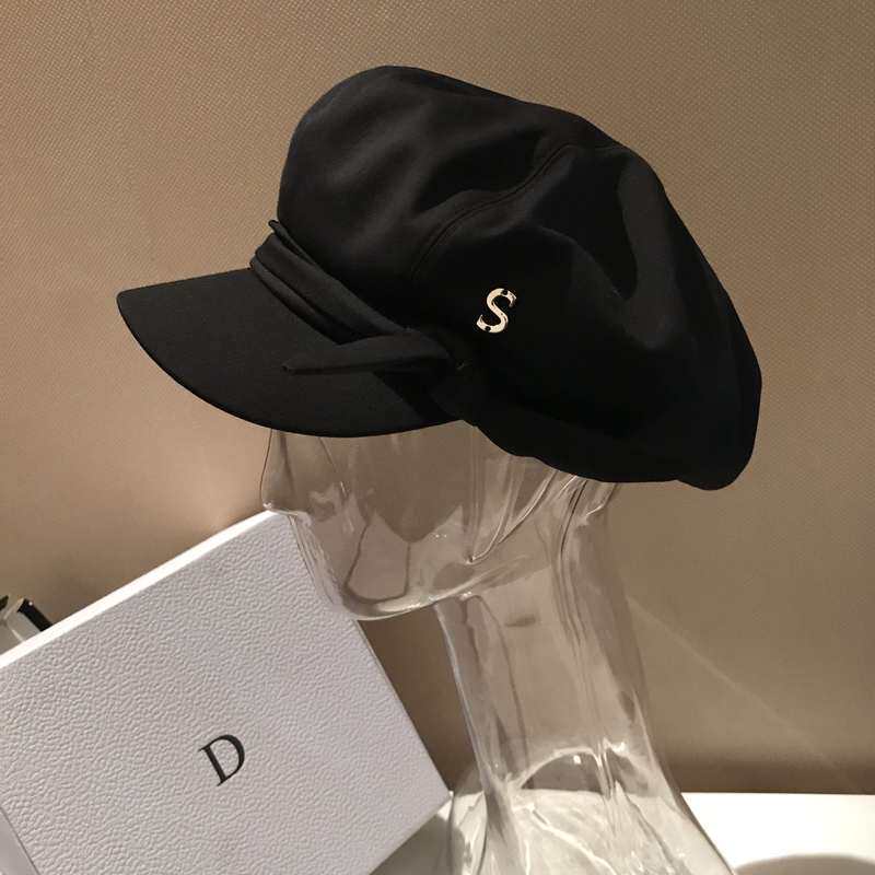 日本定制黑色鸭舌帽女韩版百搭潮人报童帽秋冬蝴蝶结显瘦大头帽子