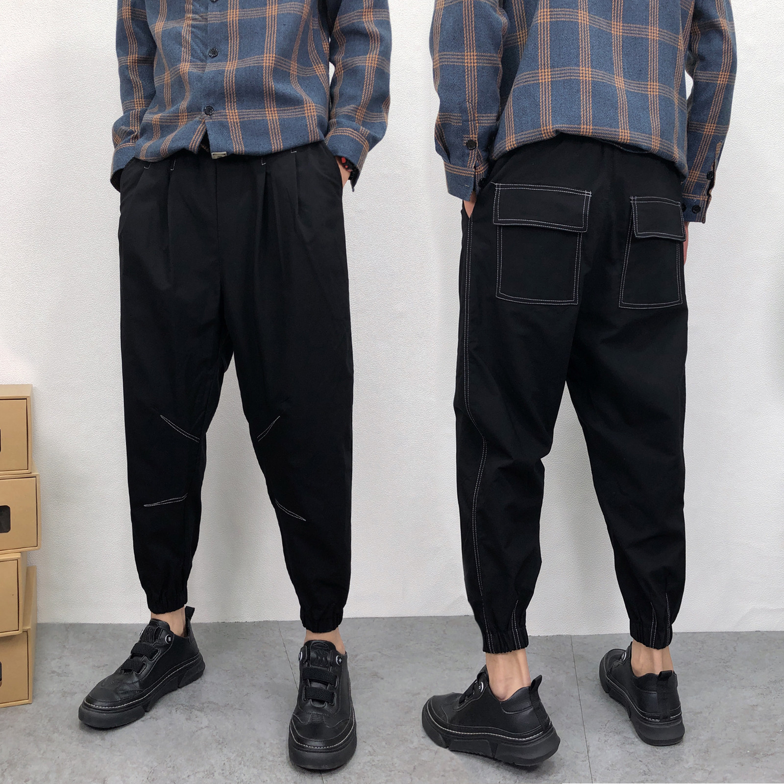 裤子男秋冬痞帅九分裤宽松版哈伦老爹裤潮流百搭黑色弹力束脚裤男