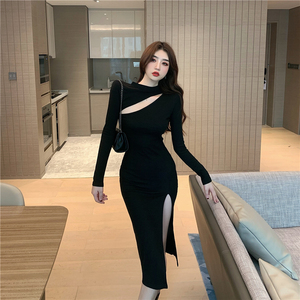 Live shooting! New style temperament hollow split slim dress sexy slim bottomed dress