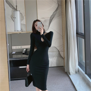 Live shooting! Versatile small sexy chest hollowed out middle neck slim fit bag hip long bottomed dress