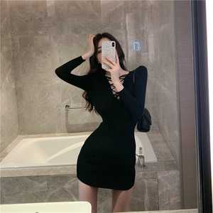 Live shooting! New sexy bandage V-neck front and back slim bottomed dress