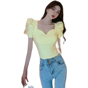 Live shooting! New French retro bubble sleeves slim fit super thin versatile short top