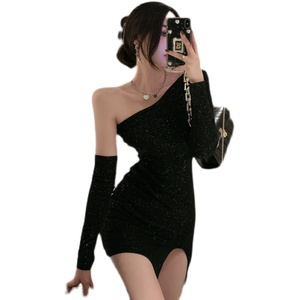 Live shooting! New nightclub PARTY SEXY diagonal shoulder single sleeve slim net red dress