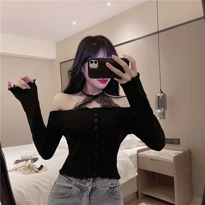 Live shooting! New off shoulder mesh lace Halter bottomed shirt with foreign style clavicle T-shirt