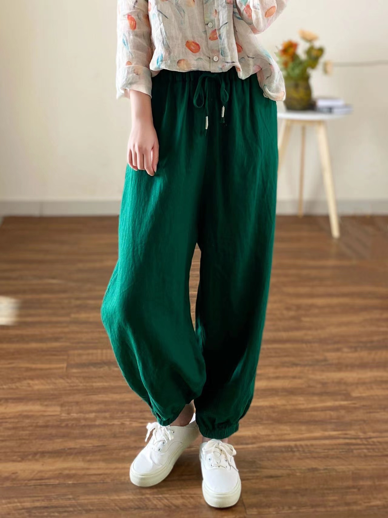 园园美衣新款复古砂洗亚麻裤女显瘦灯笼裤休闲裤松紧腰哈伦裤长裤