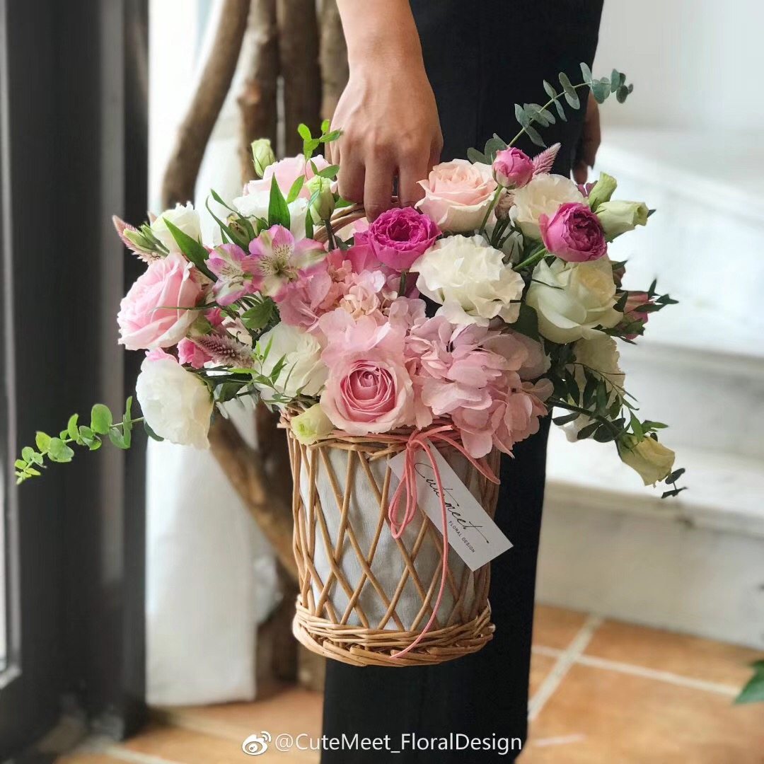 柳编圆柱形花篮花店插花种植家居收纳装饰水果篮田园风手提篮子