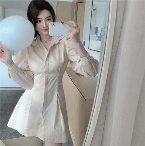 Real shot French retro temperament Lapel single row button crimp waist slim long sleeve shirt dress women