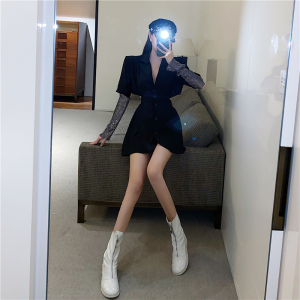 Real shooting fashion personality handsome thin glittering Rhinestone sleeve stitching black suit coat dress two wear