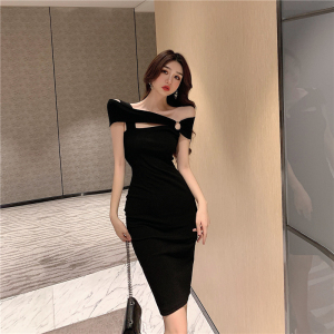 Real shooting spot new style temperament sexy straight shoulder irregular design sense slim slim Hip Wrap Dress