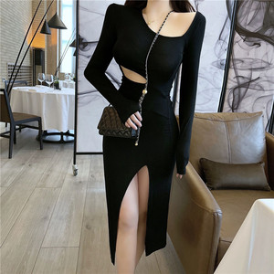 Real shooting shows thin fried Street temperament dress goddess style hollow oblique shoulder sexy split slim wrap hip d