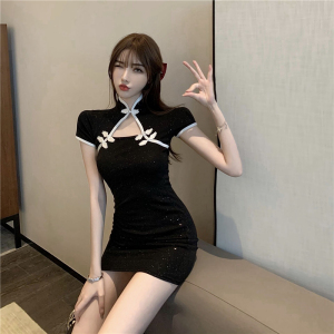 Real shooting of summer Retro Black bright gold plate buckle hollow Slim Fit Sexy improved short sleeve cheongsam dress