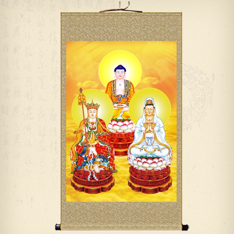 娑婆三圣画像挂画地藏王释迦牟尼佛观世音菩萨佛像画丝绸卷轴画